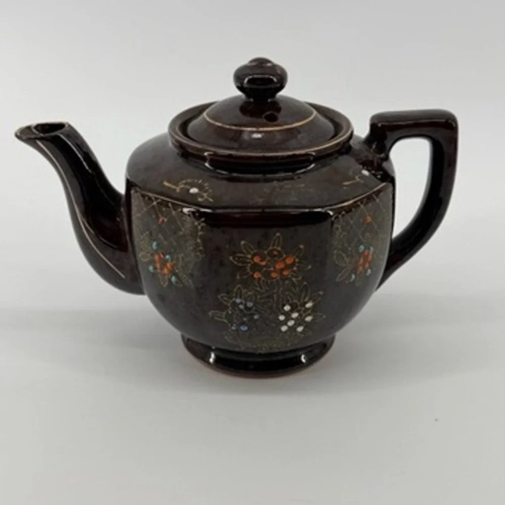 Vintage‎ Japanese Brown Glazed Floral Teapot Moriage Hand Painted Ceramic 5in